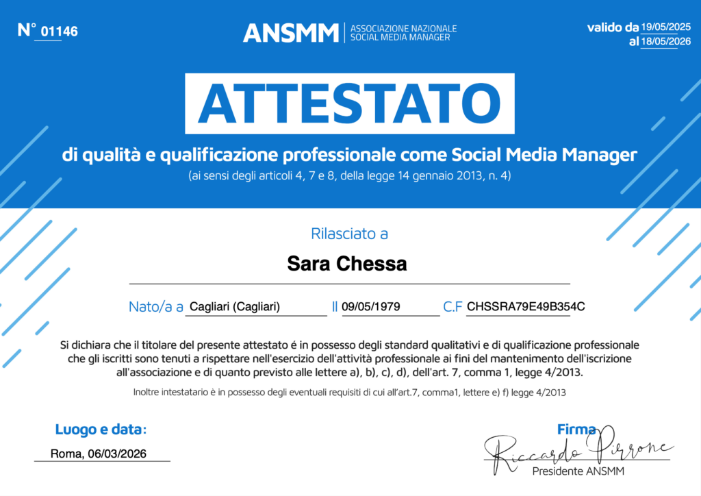 Sara Chessa Responsonsabile ANSMM - Associaziozione Nazionale Social Media Manager per la Sardegna